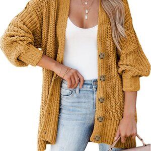 Womens Oversized Open Front Cardigan Sweaters Long Lantern Sleeve Button Knit Ch